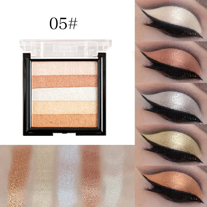 A compact of highlight eye shadow in one of six colour styles, shown open to display the powder.