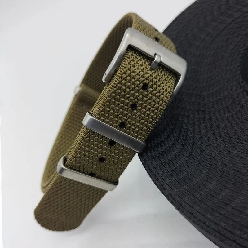 Woven nylon integrated watch strap in Army Green colour, showing 20mm and 22mm width options.