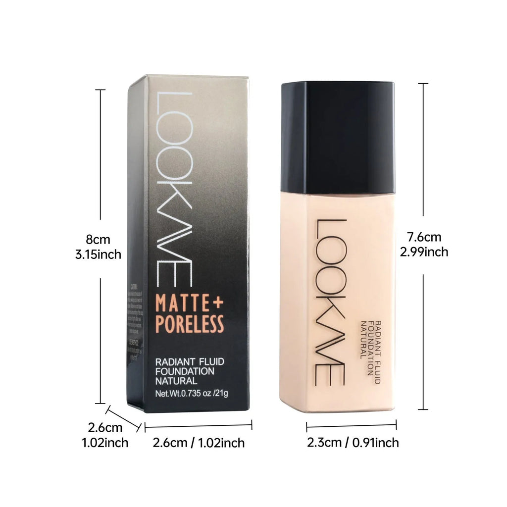 LOOKAVE matte liquid foundation bottle in 21g size showing cream formula