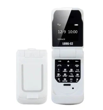 Mini flip phone in six colours with flip cover open showing small screen