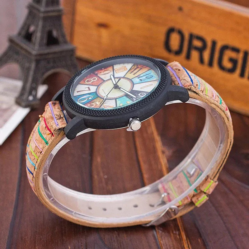 Vintage style leather strap women's quartz watch with 37mm round dial and stainless steel buckle