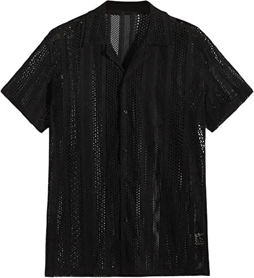 Men's white knitted short-sleeve button shirt with cardigan style street fashion design