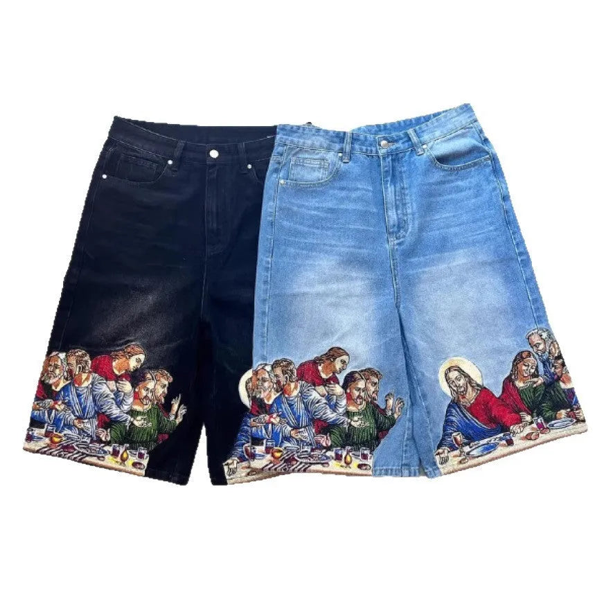Men's blue cotton tapered shorts with Jesus print design on back pocket showing micro elasticity fabric