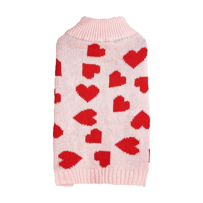 Red love heart design acrylic knit dog sweater for small dogs in size S.