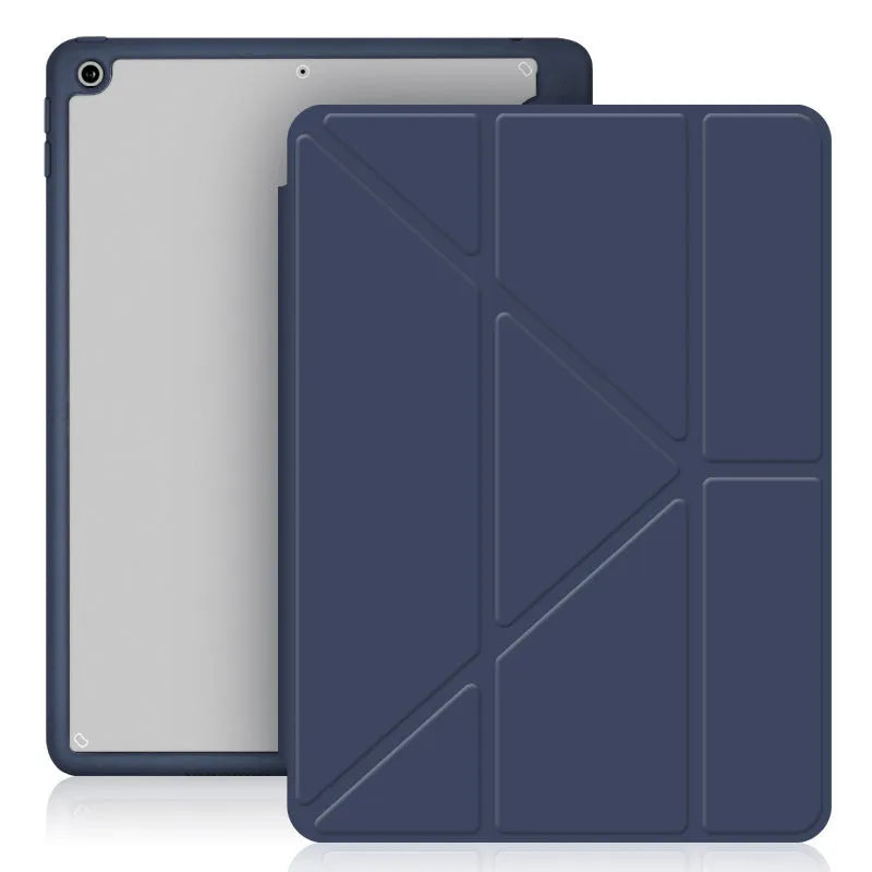 Acrylic Y folding iPad protective case in dark grey showing folding stand and built-in pen slot