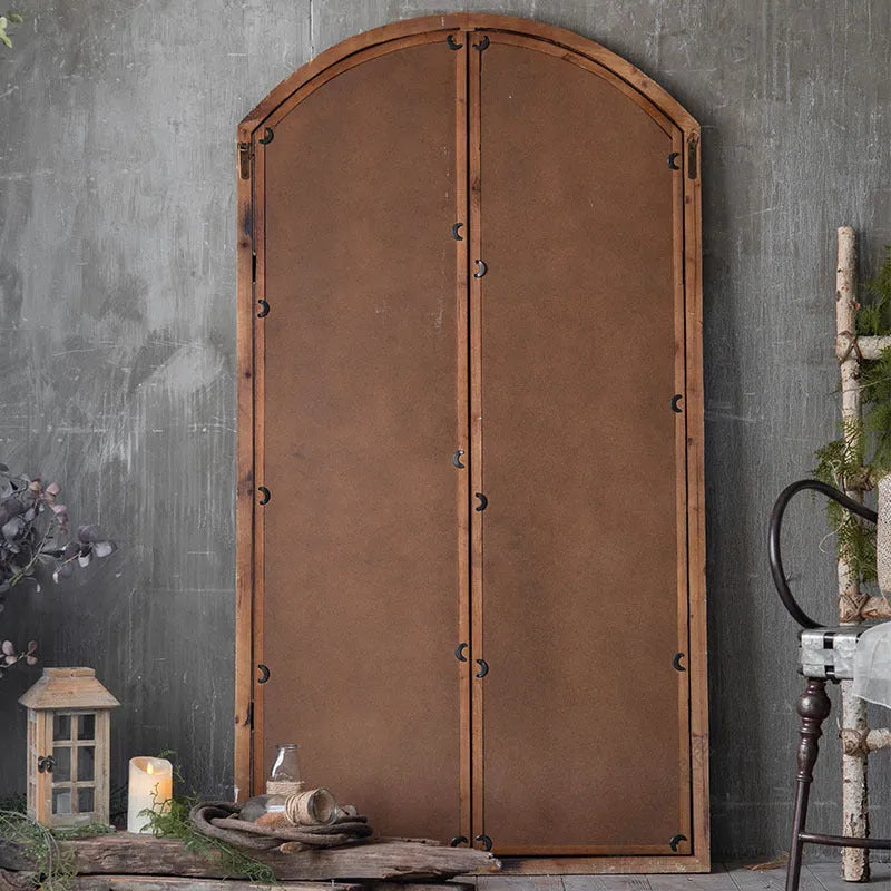 Terrace distressed fake window wall mirror with wooden frame and log colour finish