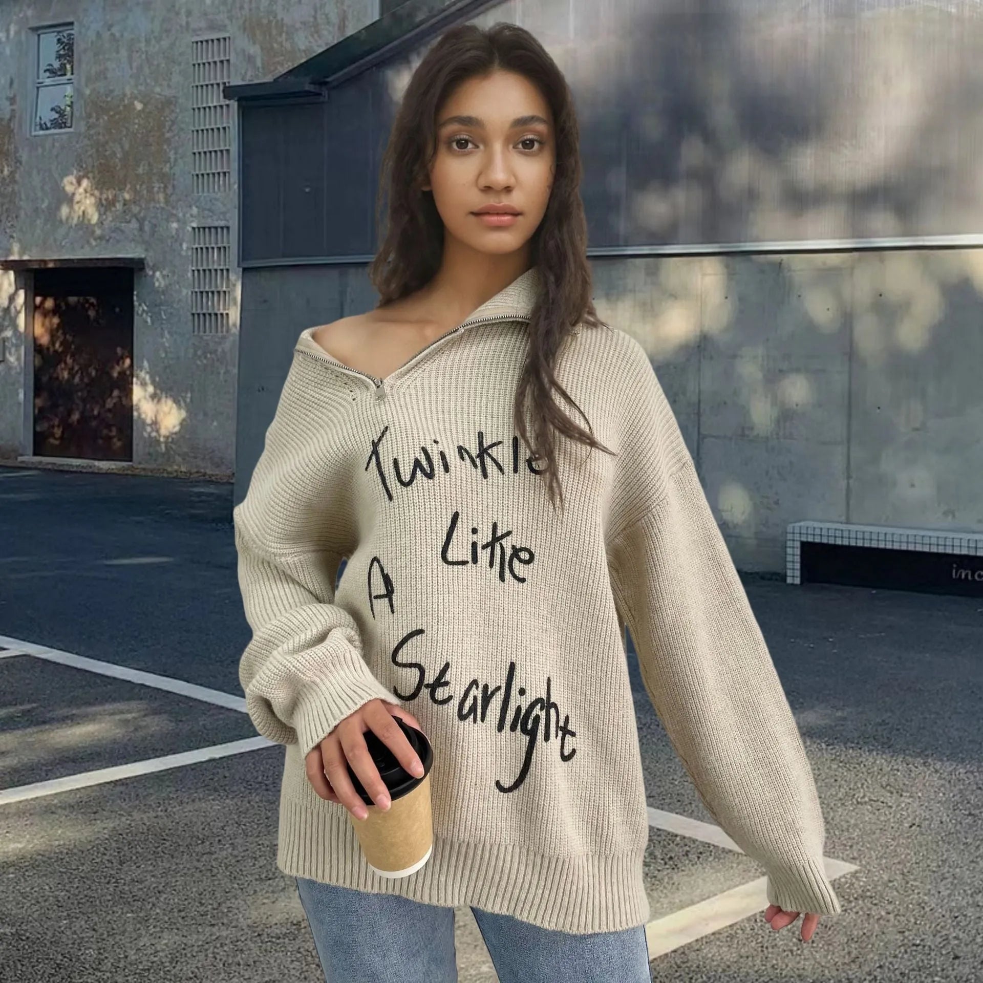 Women's light khaki alpaca wool pullover sweater with diagonal zipper and loose lapel collar