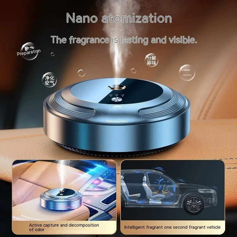Automatic car air freshener diffuser with metal and zinc alloy build on anti-slip pad.