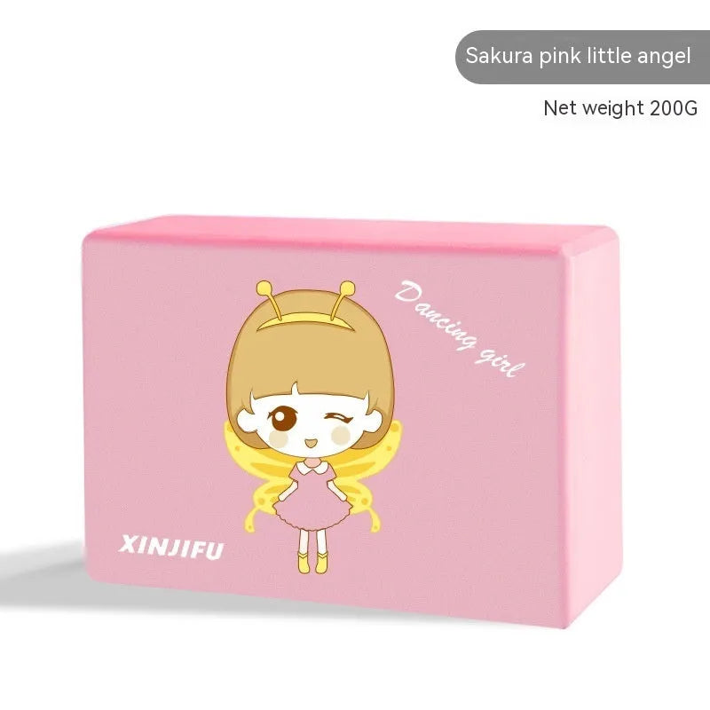 High-density EVA yoga block in pink next to a dark blue block, showing 7.5cm height and printed cartoon design options.