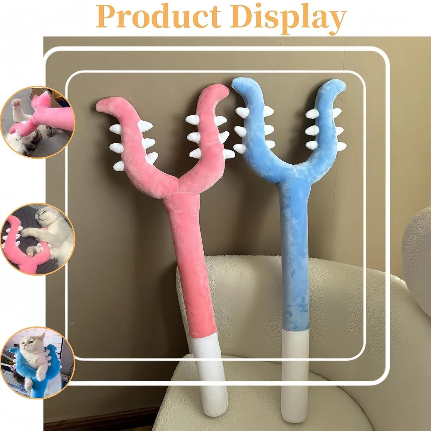 70cm blue plush cat wand toy with foam-filled head for indoor cat play
