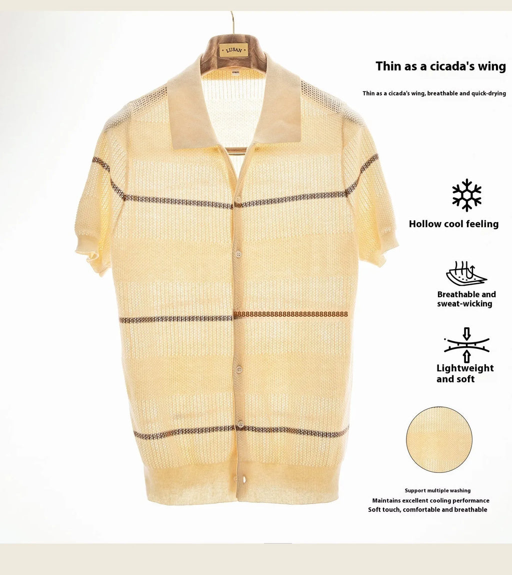 Camel coloured lapel collar short sleeve cotton linen blended cardigan on hanger