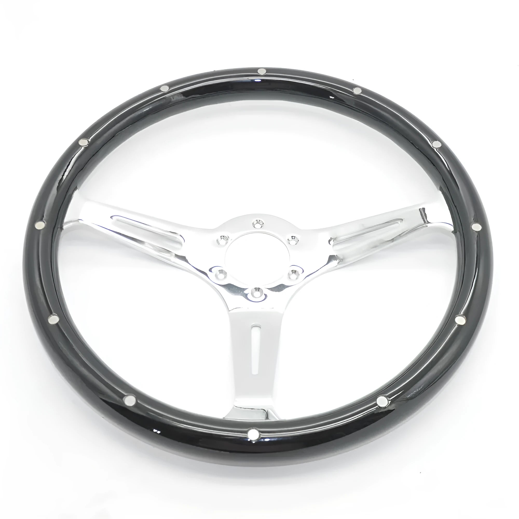 Black electroplated wood steering wheel for classic cars showing 15 inch diameter and 6-hole bolt pattern