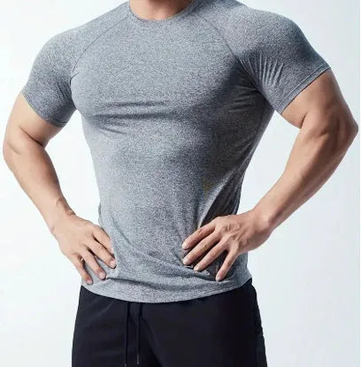 Men's polyester quick-dry stretch t-shirt in black, grey, green or pink colour options