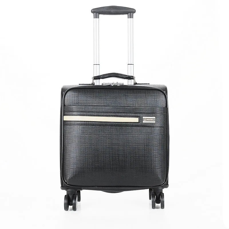 Black PU leather wheeled business case with lock and retractable handle, shown with interior polyester lining.