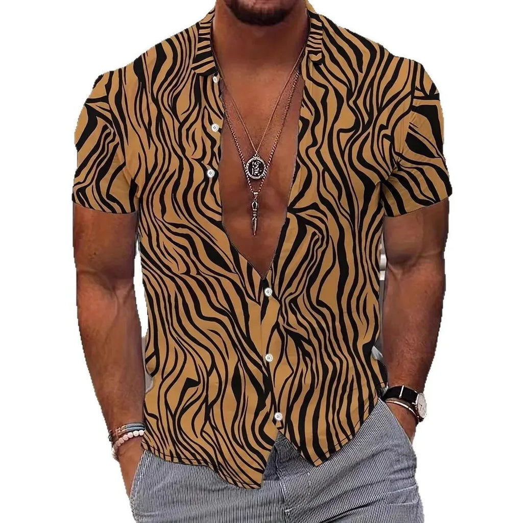 Men's geometric line print lapel short sleeve shirt in slim fit cardigan style