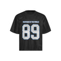 Men's loose-fitting black and white casual t-shirt with short sleeves, shown in medium, large, and extra-large Asian sizes