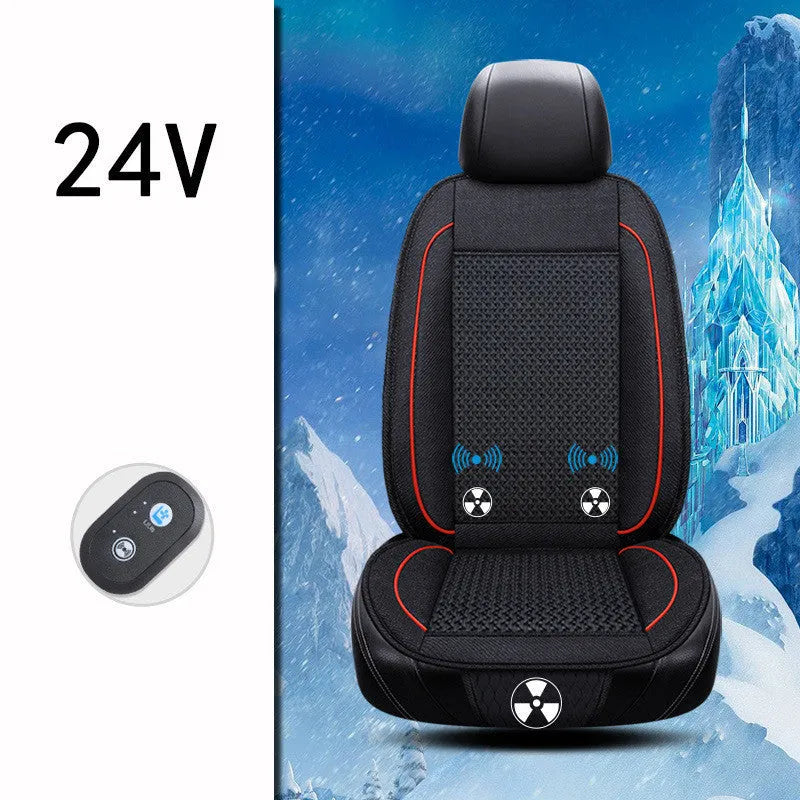 Black square car ventilation seat cushion with massage, showing power cord for 12V or 24V connection.