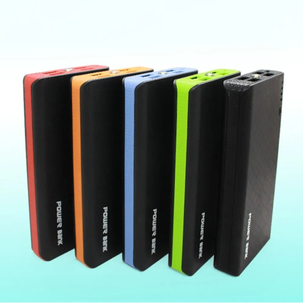 20000mAh portable power bank in red, blue, green, yellow or black colours showing charging ports