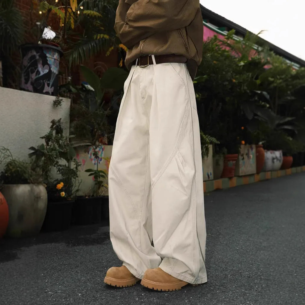 Men's pleated straight trousers in striped cotton-blend fabric with micro-elastic waistband
