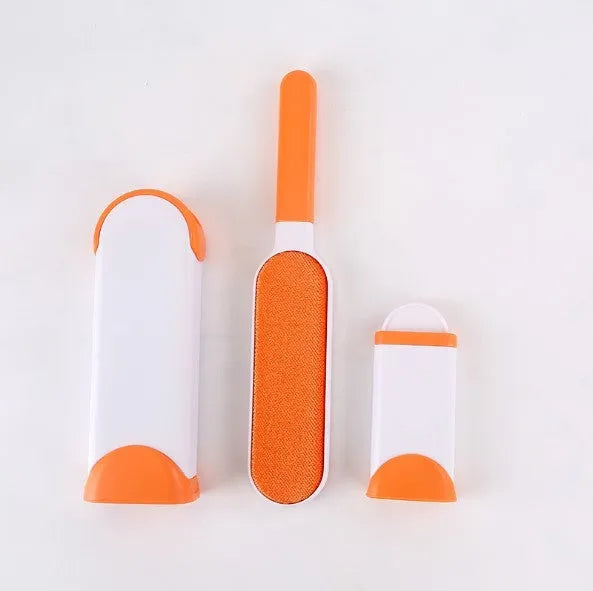 Blue reusable pet hair removal comb with a double-sided sticky brush and self-cleaning base.