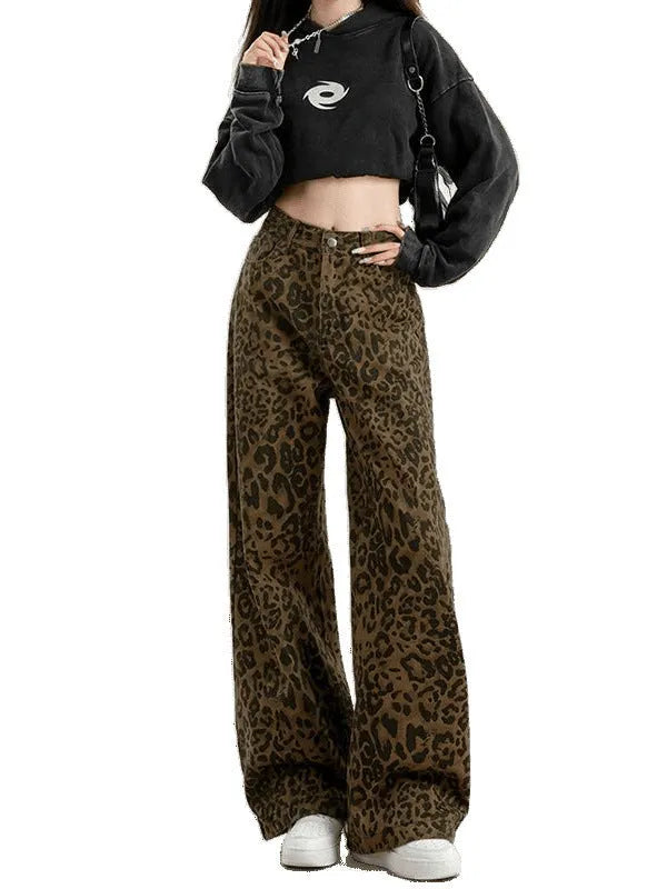 Women's leopard print denim floor-length loose-fit straight pants with wide waist