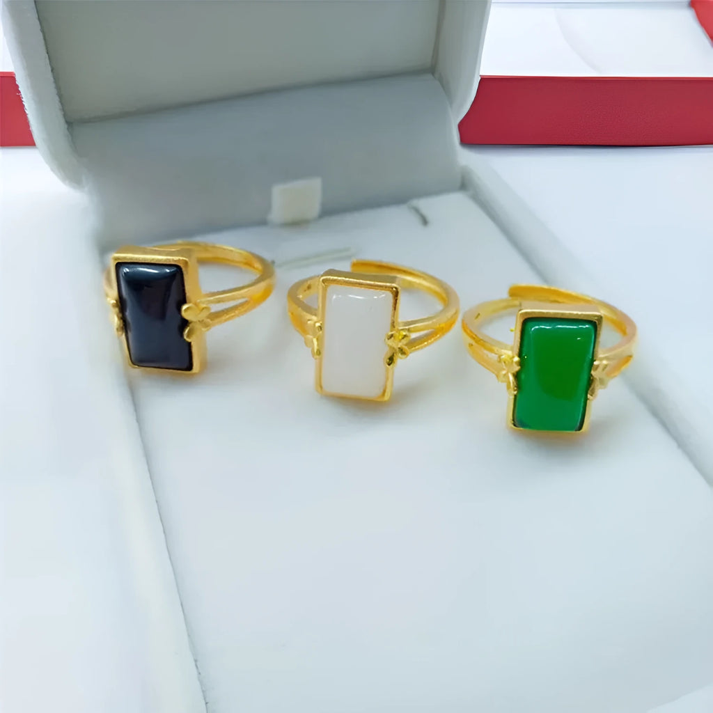 Adjustable brass gold-plated electroplated ring with artificial gemstone inlay in national style design