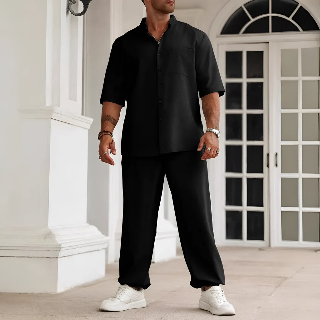 Men's cotton linen casual button short-sleeved trousers set with matching shirt in apricot colour