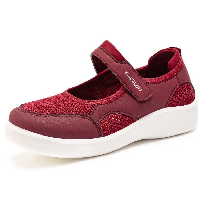 Women's grey mesh casual shoes with velcro fastening and round toe design