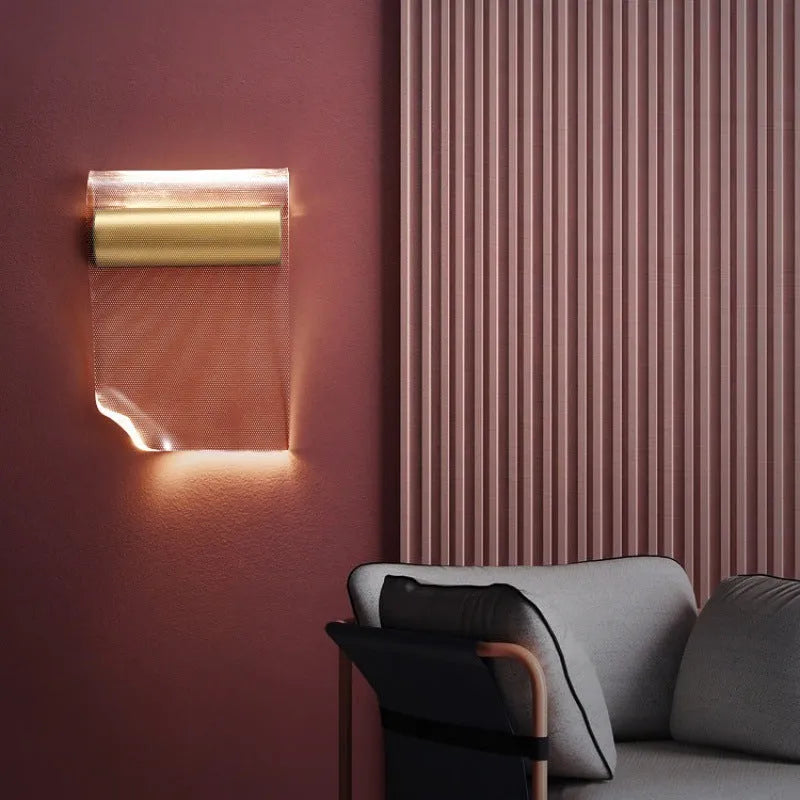 Iron wall lamp with acrylic shade shown in left bend and right bend configurations for bedside or living room.