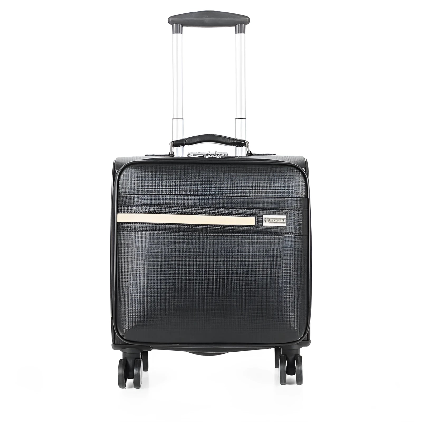 Black PU leather wheeled business case with lock and retractable handle, shown with interior polyester lining.