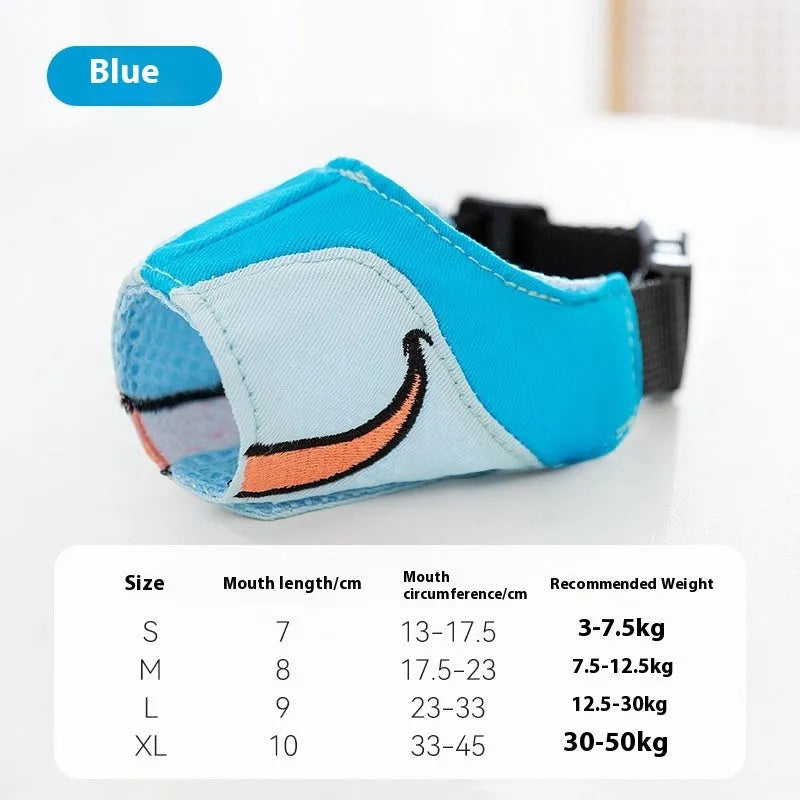 Canvas dog muzzle in Ollie Brown Bear colour, shown next to size guide for S, M, L, and XL based on dog weight.