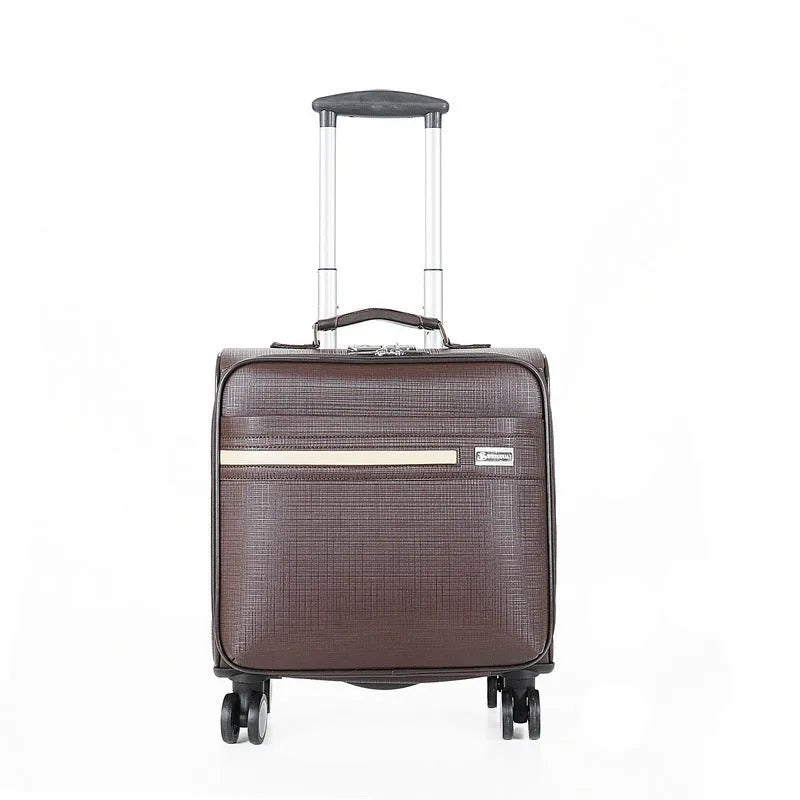 Black PU leather wheeled business case with lock and retractable handle, shown with interior polyester lining.