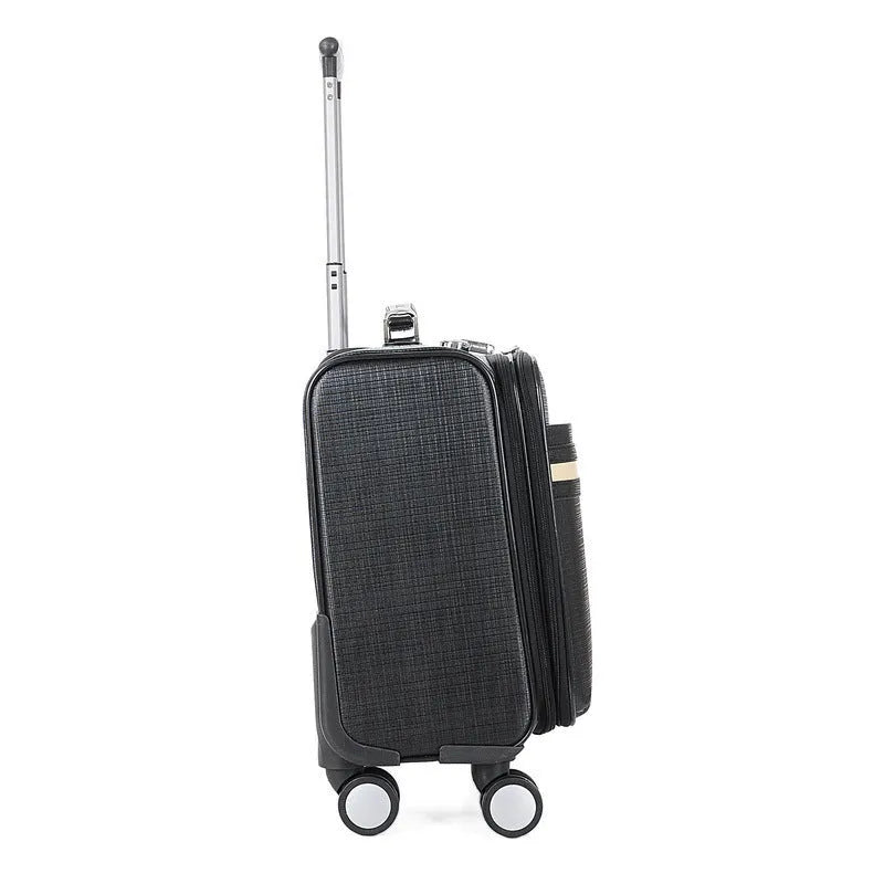Black PU leather wheeled business case with lock and retractable handle, shown with interior polyester lining.