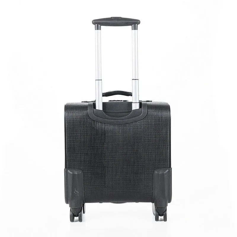 Black PU leather wheeled business case with lock and retractable handle, shown with interior polyester lining.