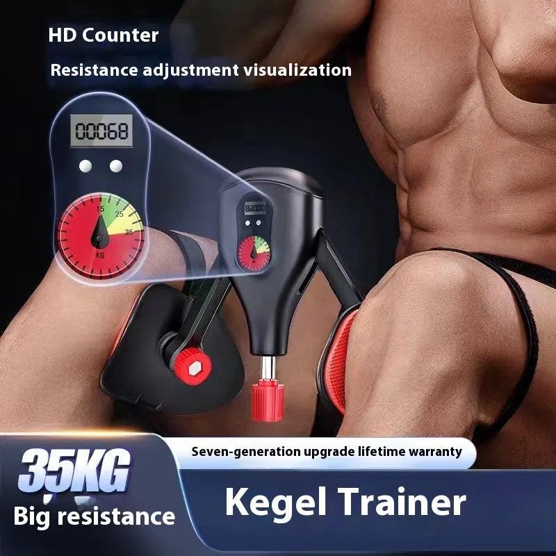 Men's black and grey Kegel trainer exercise equipment with strap and handle options.