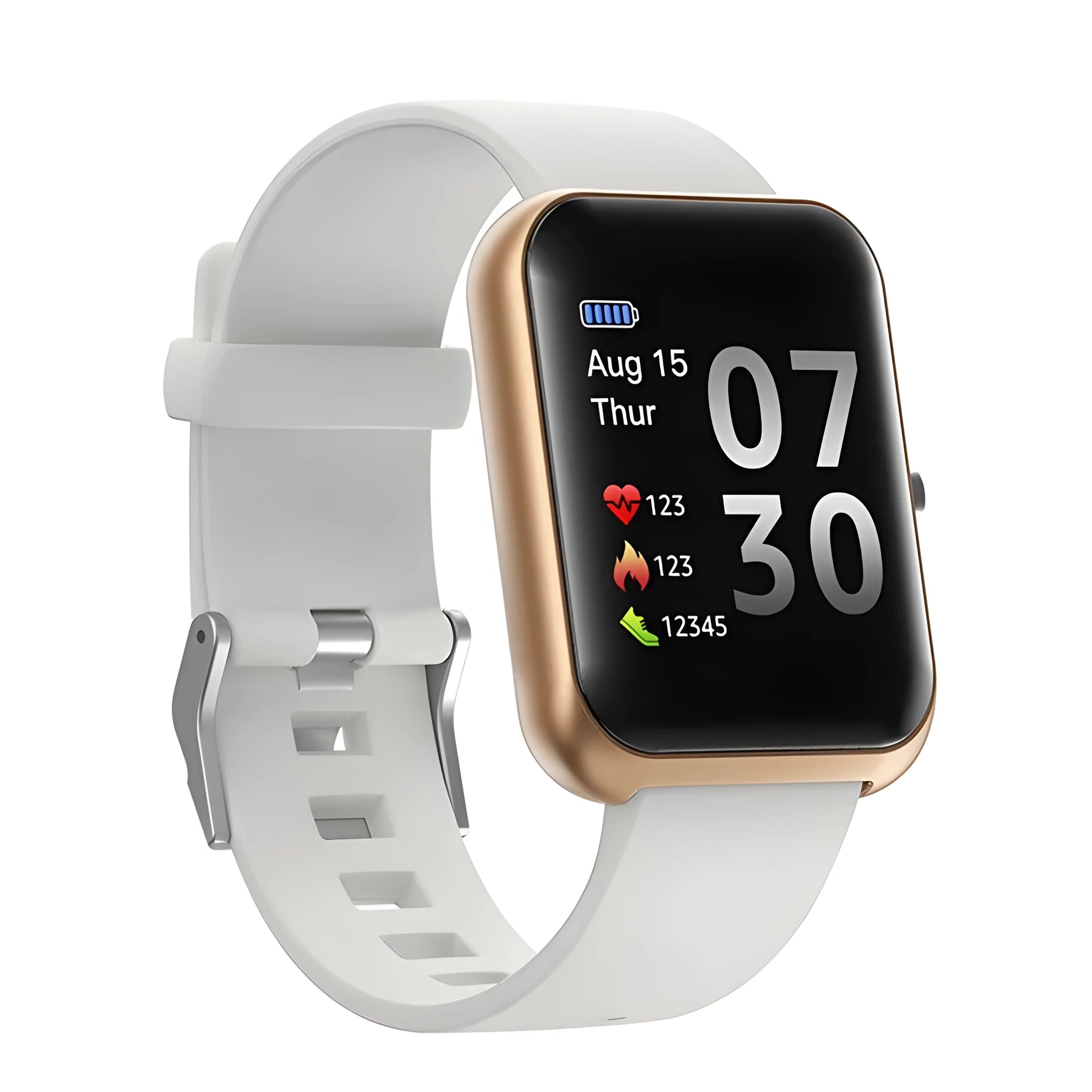 Square couple smart sports watch with a silicone strap on a wrist, showing Bluetooth connectivity.