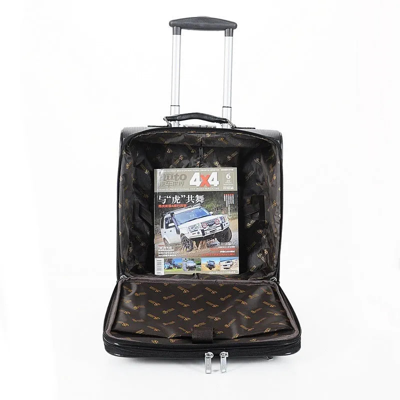 Black PU leather wheeled business case with lock and retractable handle, shown with interior polyester lining.