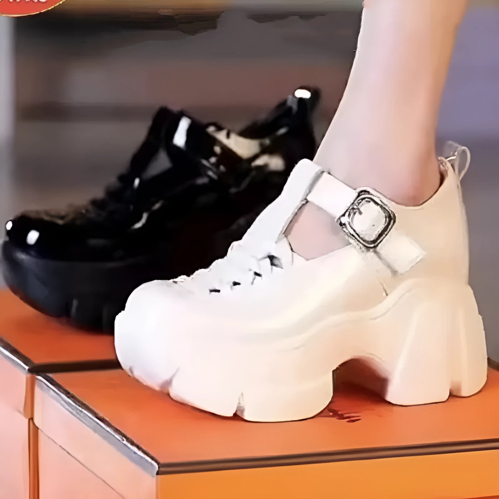 Women's black Roman pumps with a skull pattern, chunky wedge heel, and rubber sole.