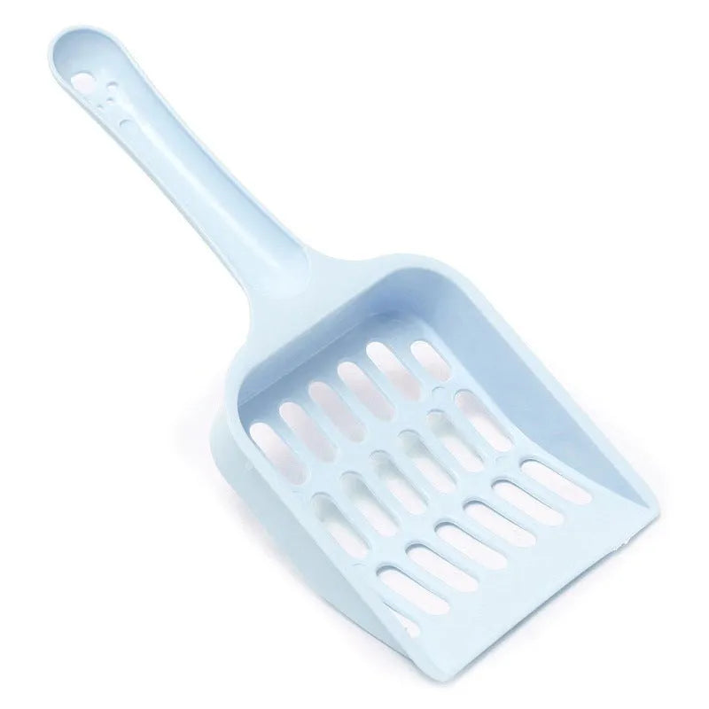 Blue plastic cat litter scoop with sand filter, shown next to a ruler indicating 20cm length.