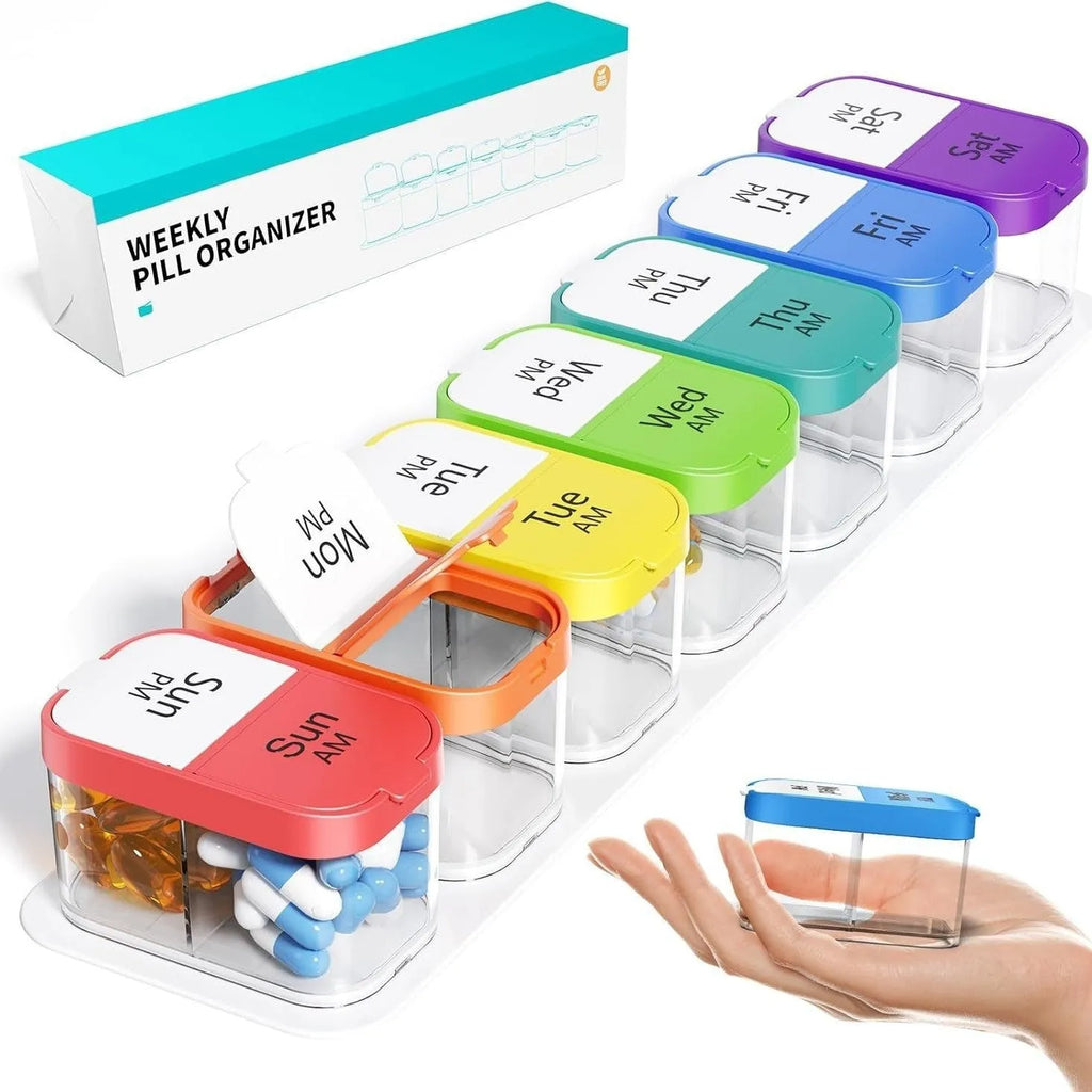 Amazon pill box dispenser showing 14 detachable compartments in rainbow colour with dimensions 327x65x49mm
