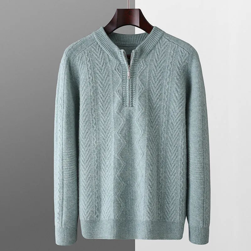 Men's diamond lattice pattern half-zip wool sweater in light camel colour showing front view