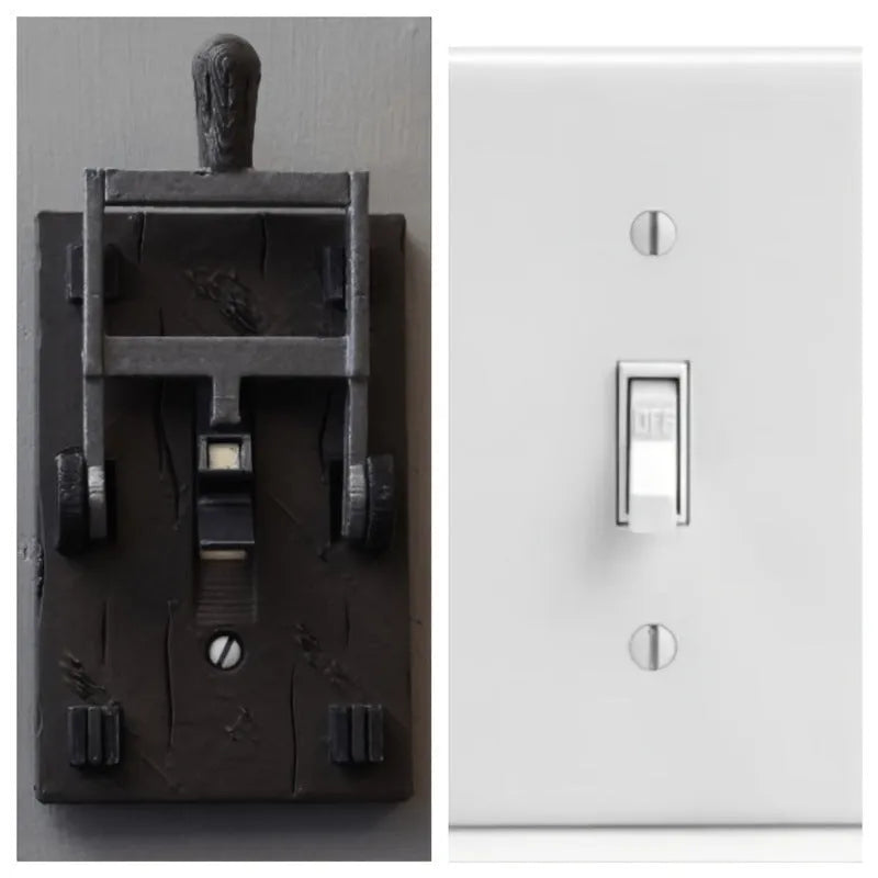 Retro-style decorative wall switch plate with mechanical switch, shown in white PLA material.