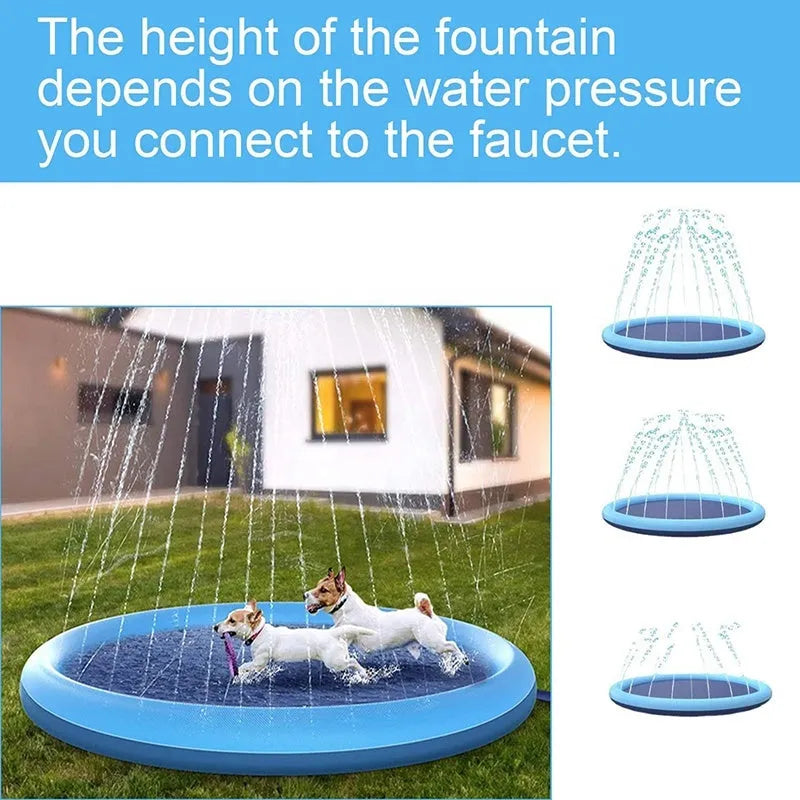 Dog playing on anti-slip inflatable splash pad with integrated sprinkler system outdoors