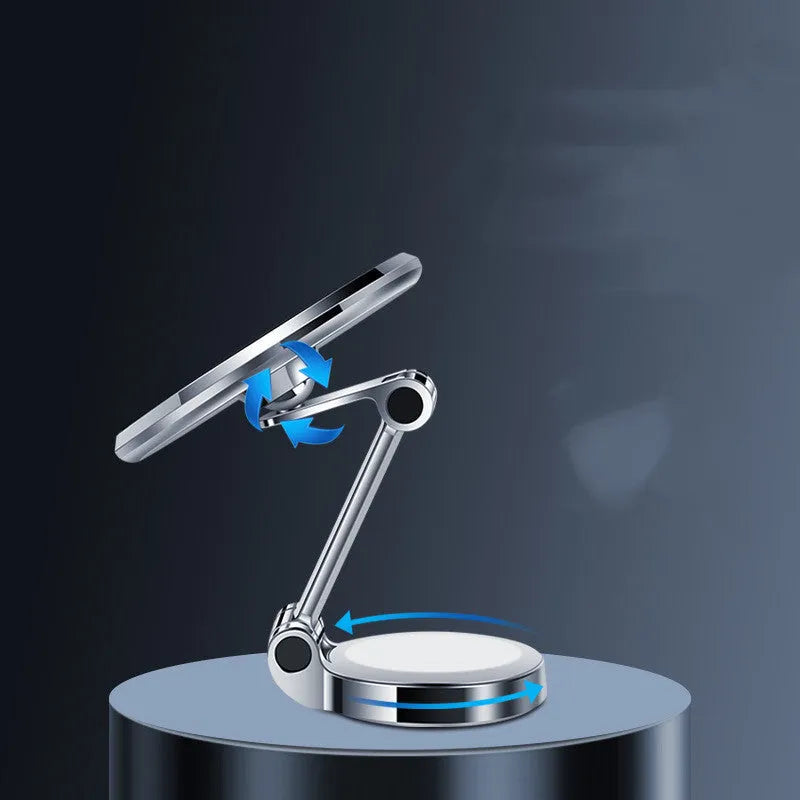 Car mobile phone holder with magnetic clip mount and 360-degree rotating bracket on dashboard
