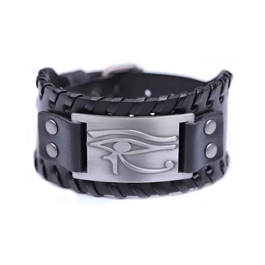 Round leather bracelet with Long Eye alloy accent for men in ancient bronze finish
