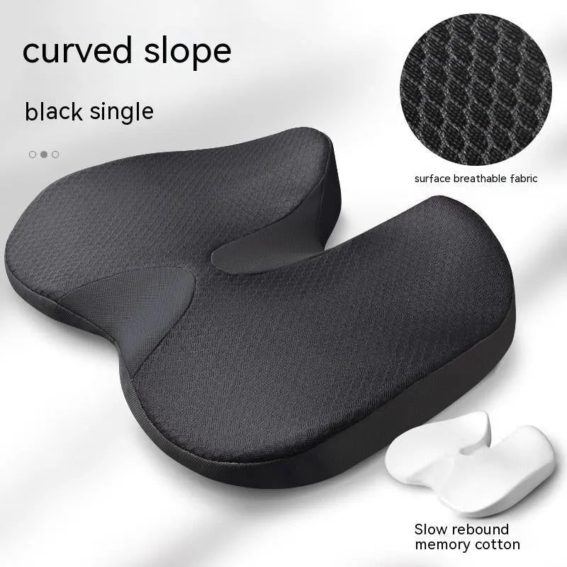 Curved bevel orthopaedic seat cushion for tailbone support in black, grey, brown or beige