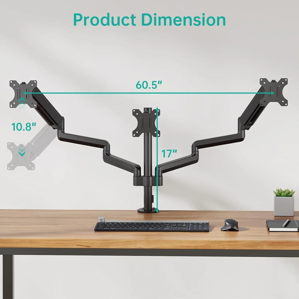Black gas spring monitor arm with three aluminium arms supporting 27-inch computer screen