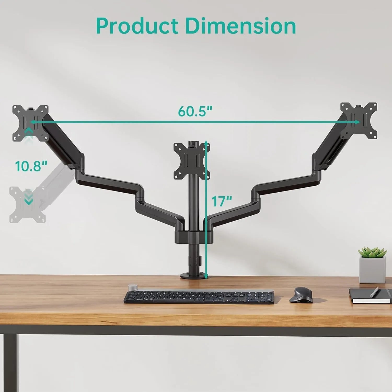 Black gas spring monitor arm with three aluminium arms supporting 27-inch computer screen