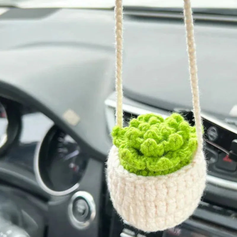 Green and white knitted car plant decoration with hanging rope on 8cm plastic base