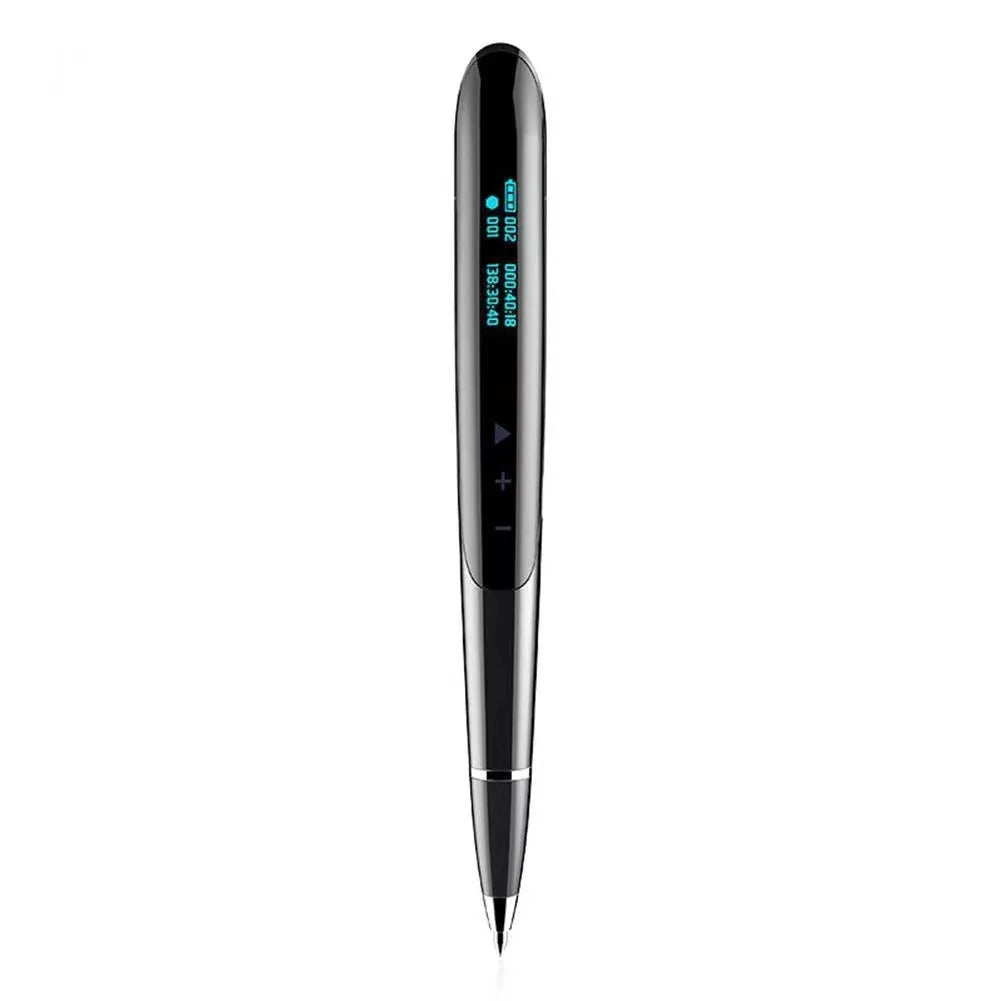 Black and silver lossless recording pens with OLED display screens and zinc alloy shells.